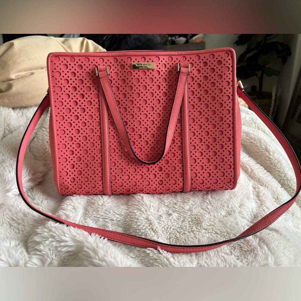 KATE SPADE Romy Newbury Lane Caning Leather Satchel Tote Flamingo